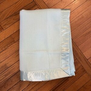 Vintage Quiltex Satin Edge Baby Toddler Crib Bed Light Blue Teal Blanket USA EUC
